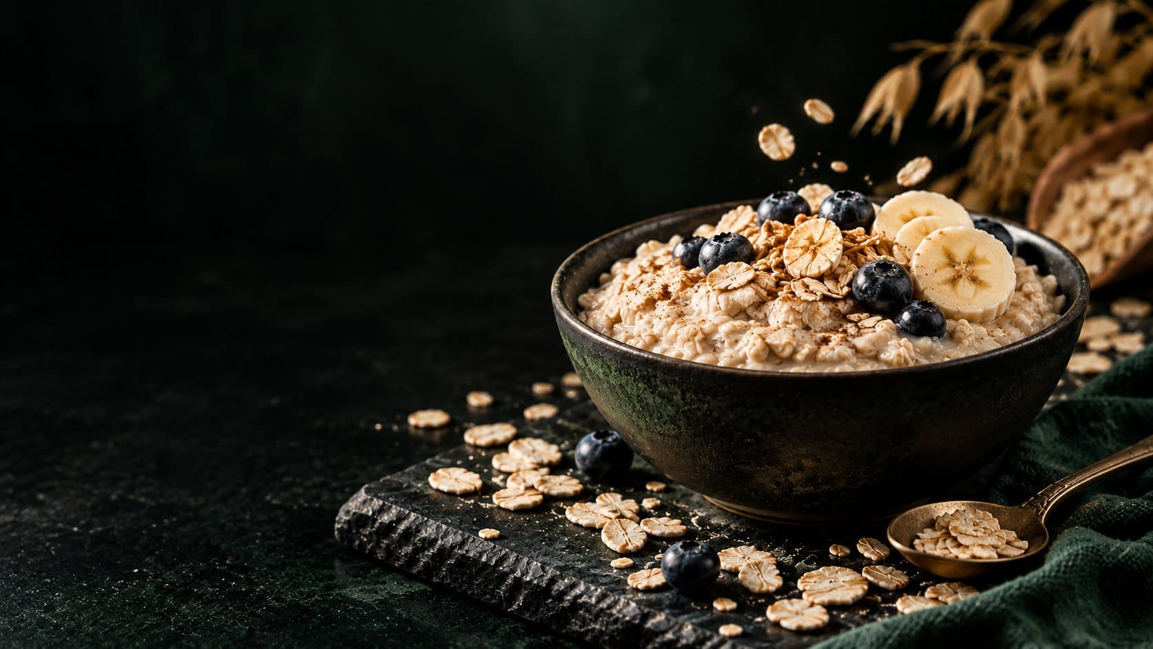 Schale Porridge mit Heidelbeeren und Banane auf dunklem Tisch